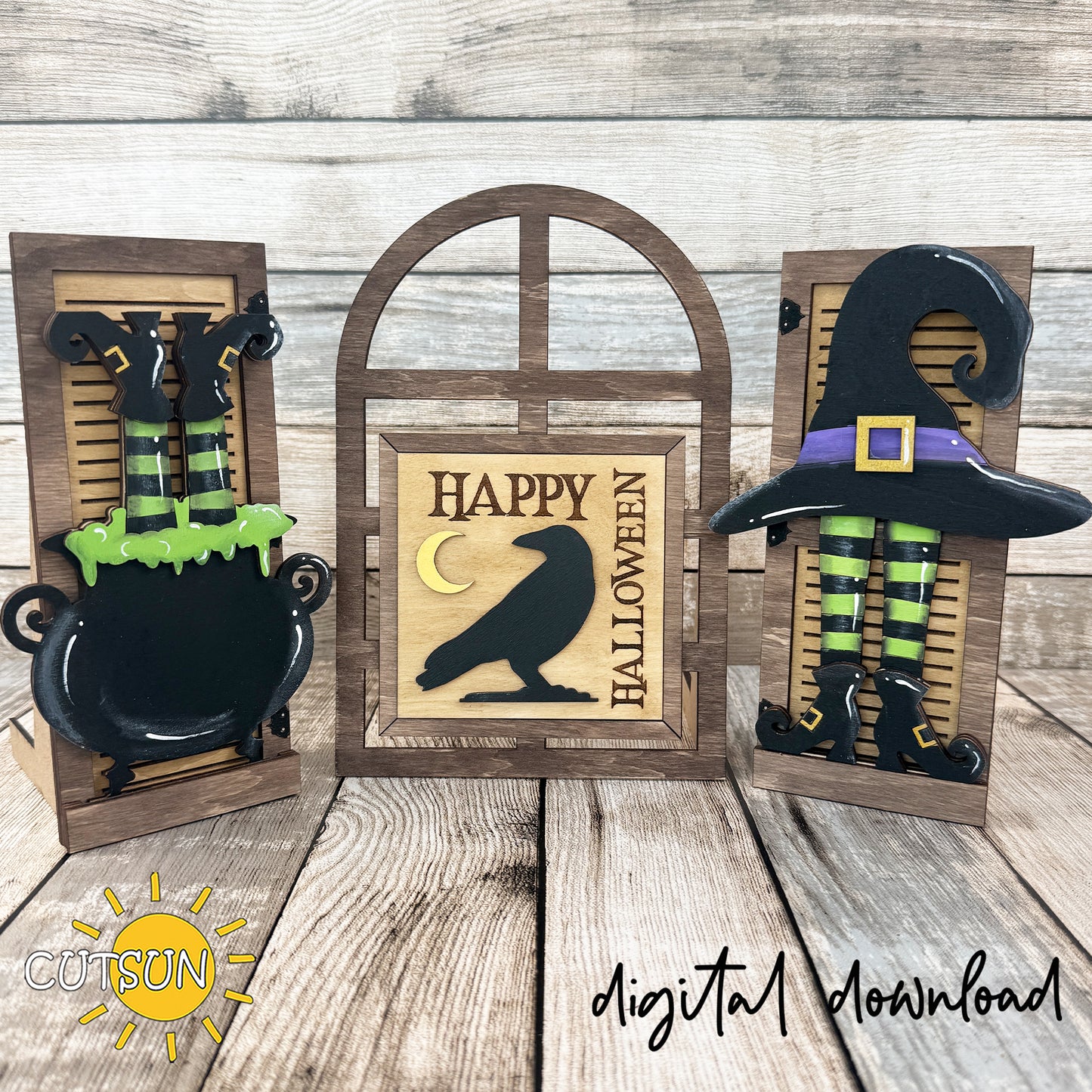 Halloween Farmhouse Window Add-On SVG | Witch Hat & Cauldron Halloween Decor | Interchangeable Window Laser Cut File (Copy)