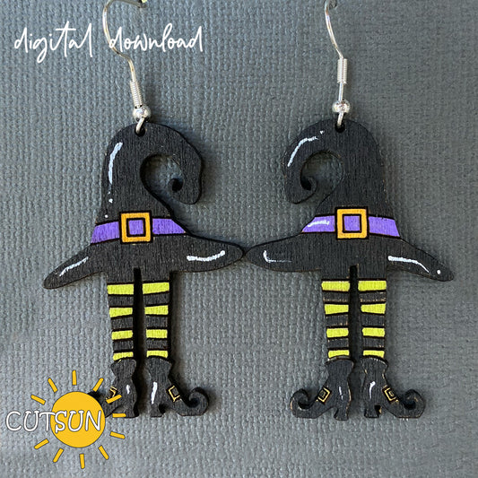 Witch Hat and Legs Halloween earrings SVG with classic witch hats and dangling legs; layered laser cut file for acrylic or wood jewelry.