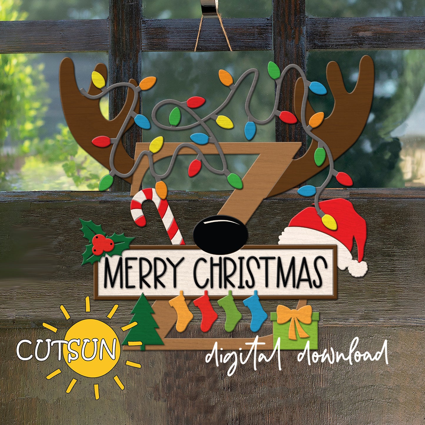 Laser cut Christmas door sign - monogram letter Z with antlers, Christmas lights, candy cane, holly berry, a Christmas tree, a present, Santa hat and four stockings.