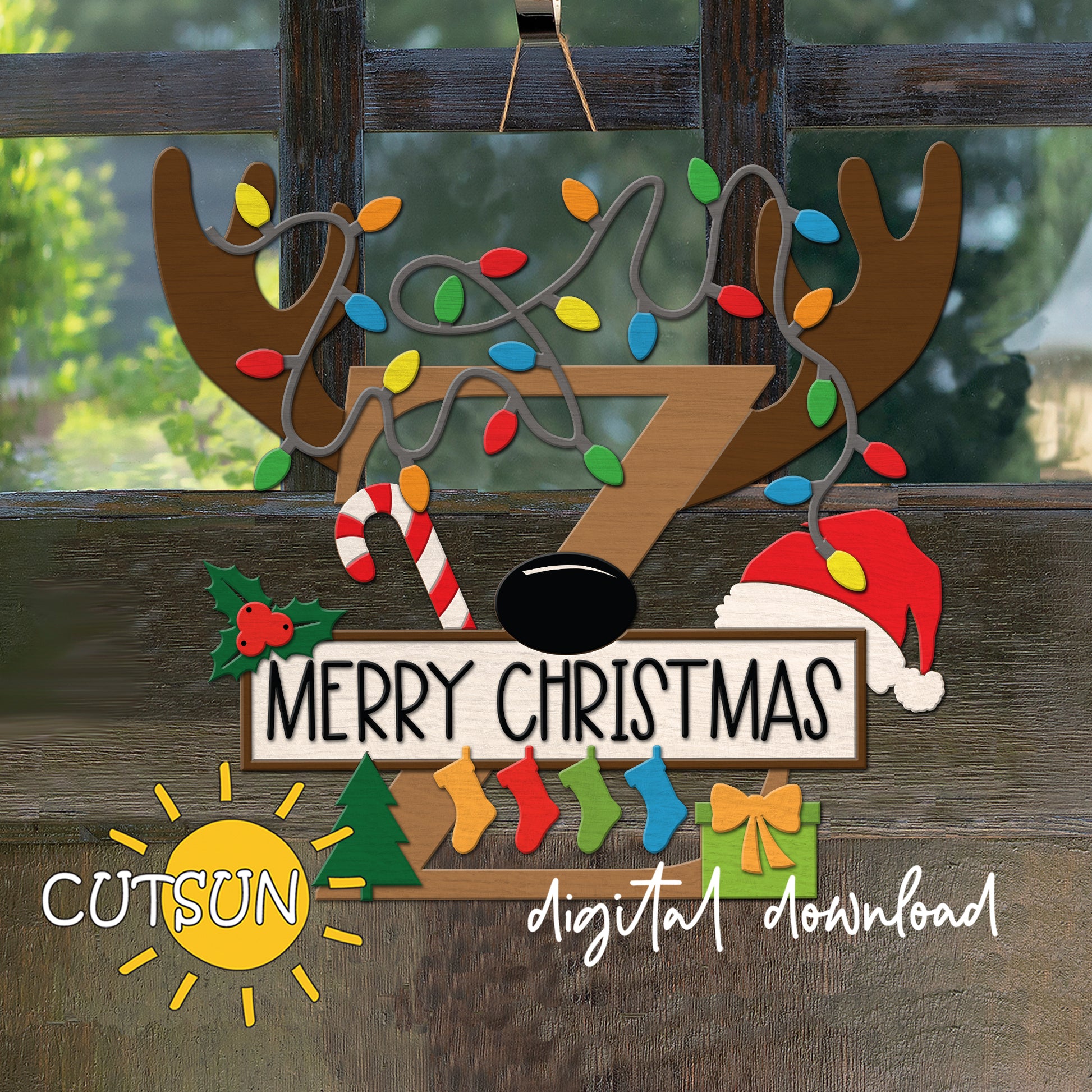 Laser cut Christmas door sign - monogram letter Z with antlers, Christmas lights, candy cane, holly berry, a Christmas tree, a present, Santa hat and four stockings.