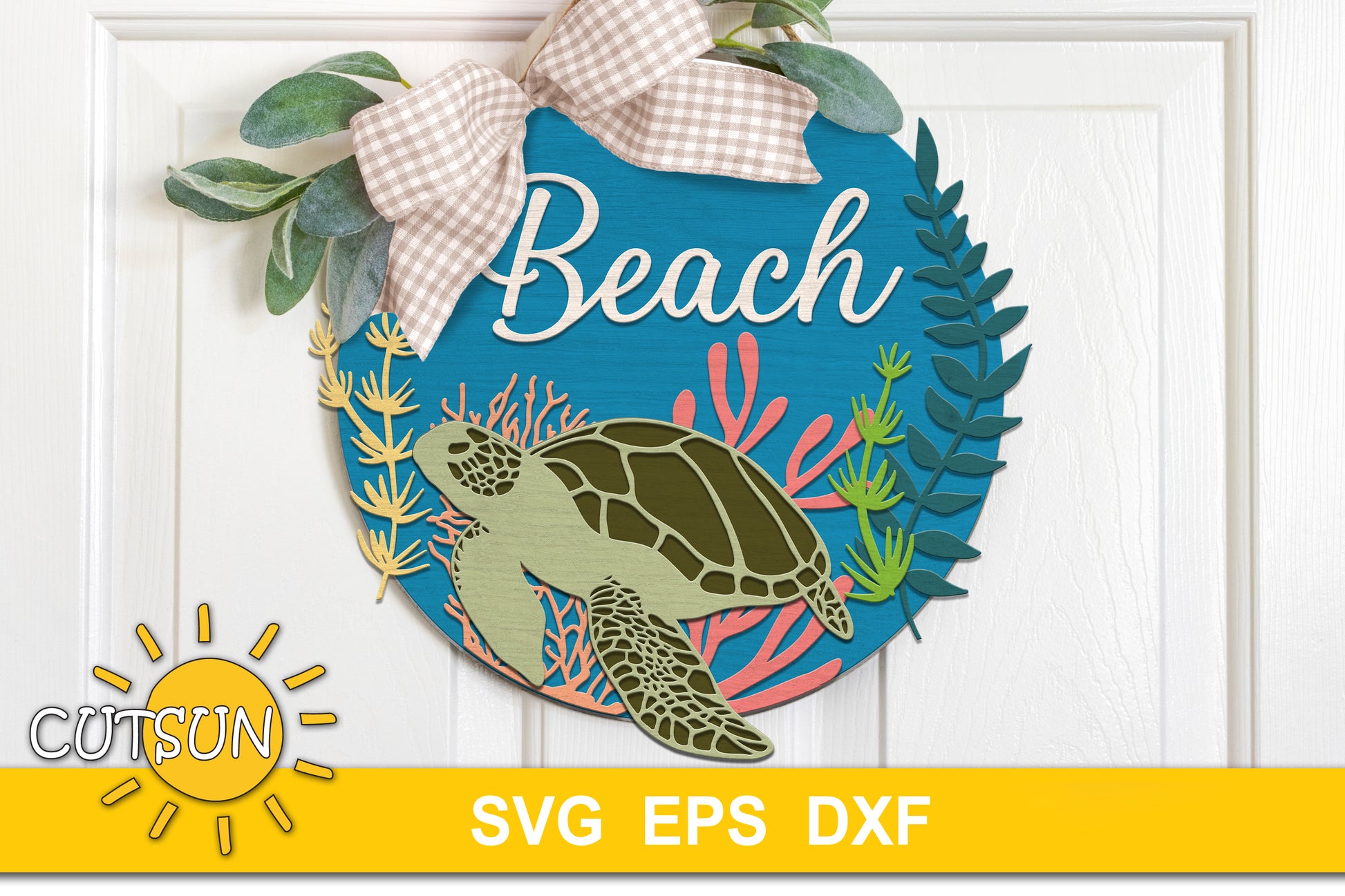 Layered turtle beach door hanger SVG with coral, seaweed, and “Beach” text – laser cut file for coastal home decor
