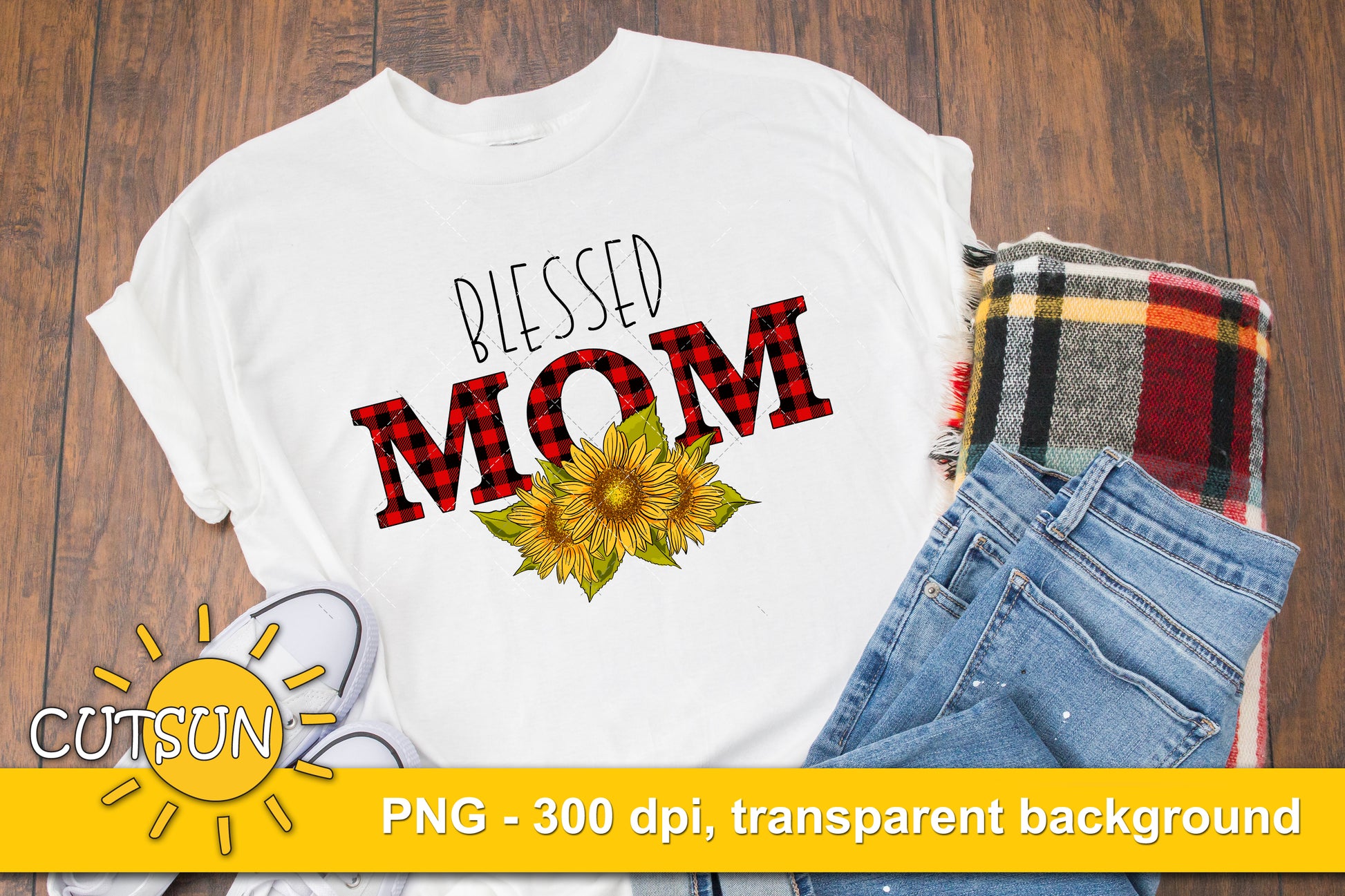 Blessed Mom Buffalo plaid Sunflowers sublimation