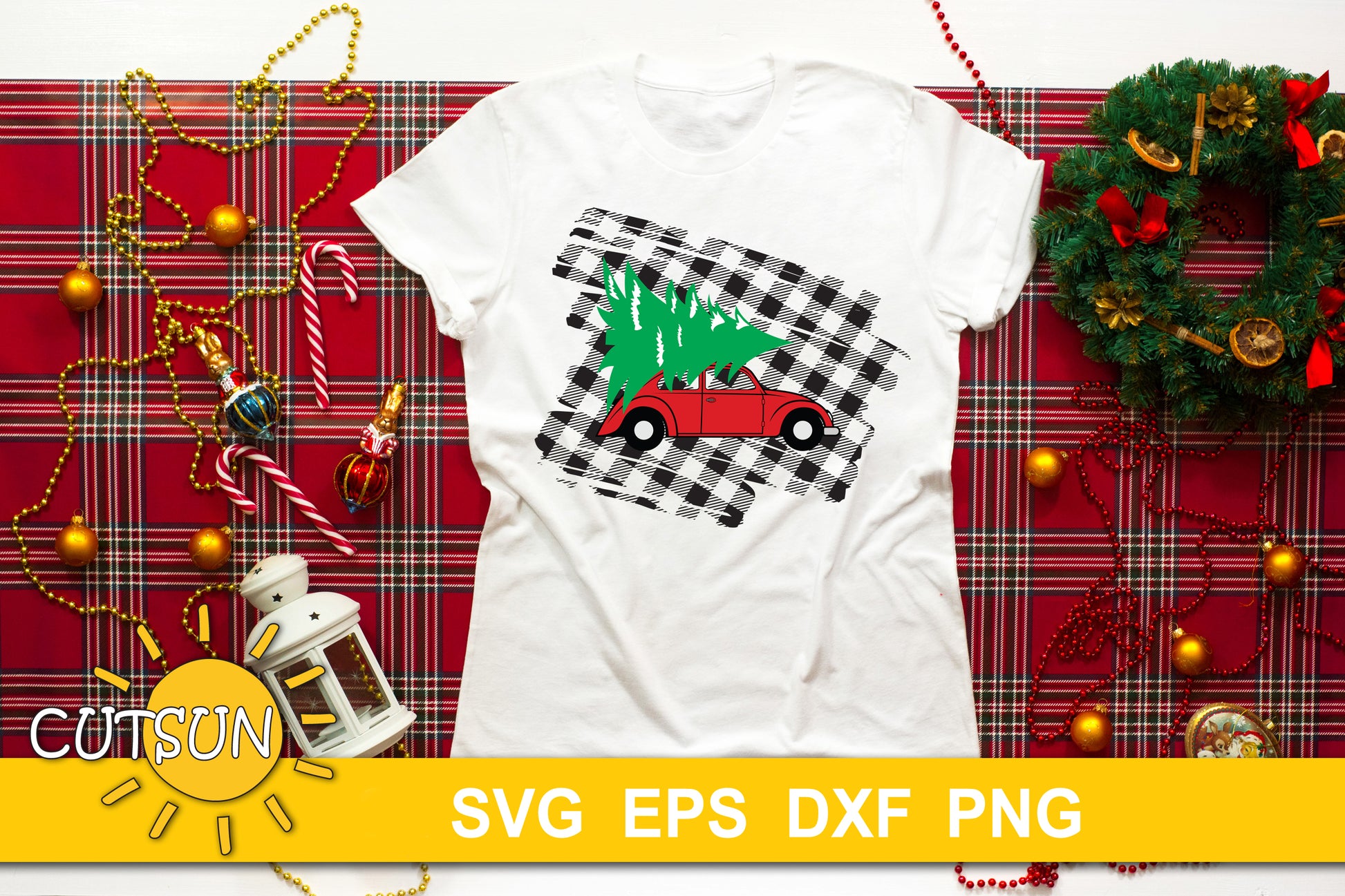 Christmas Car on a Plaid background SVG