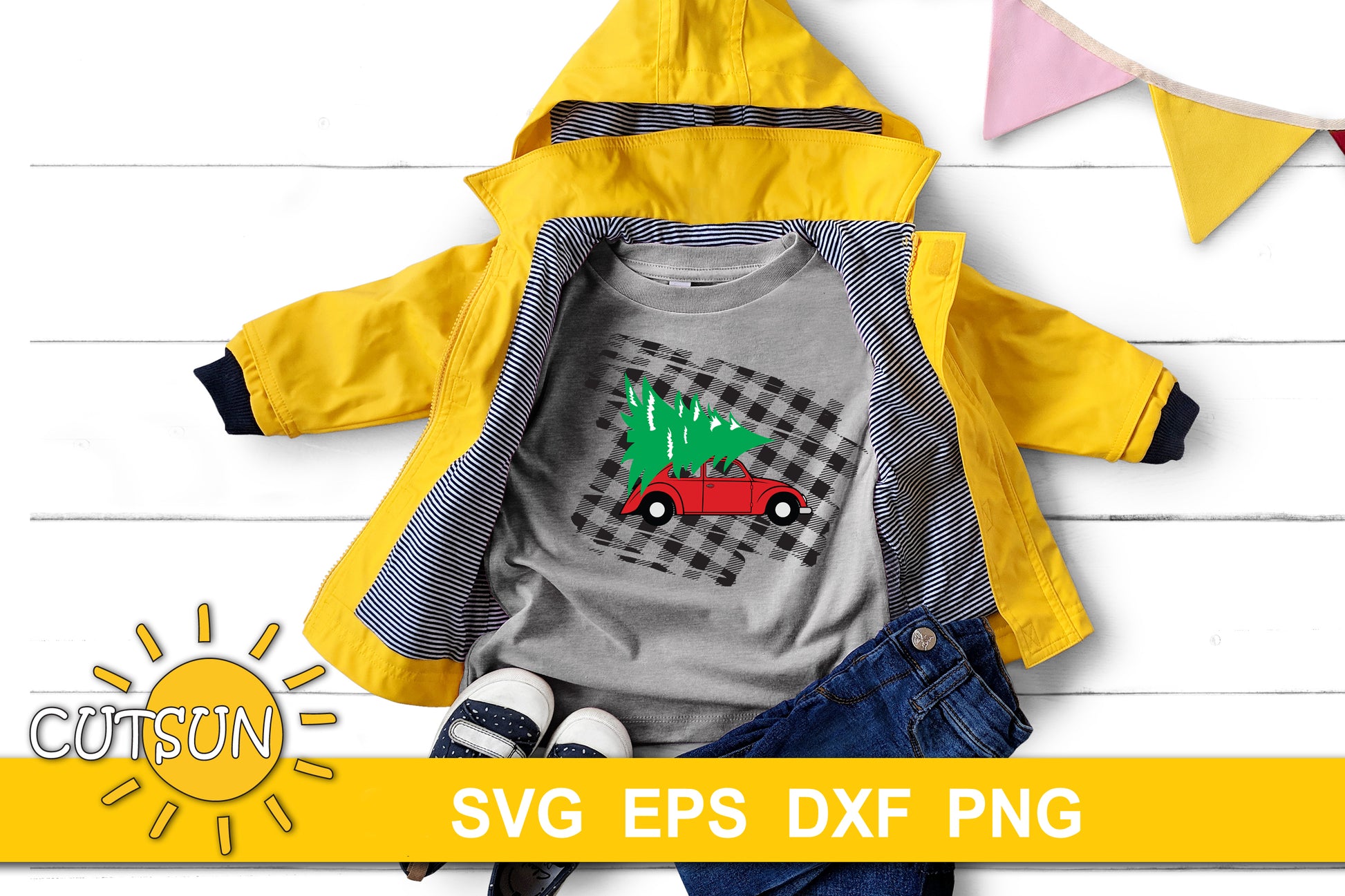 Christmas Car on a Plaid background SVG