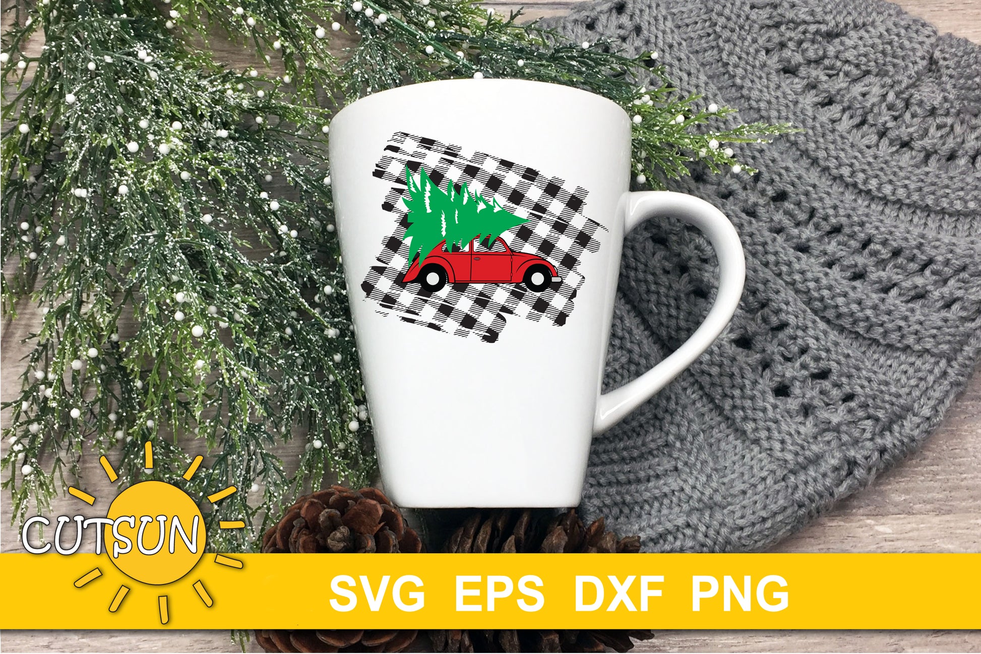 Christmas Car on a Plaid background SVG