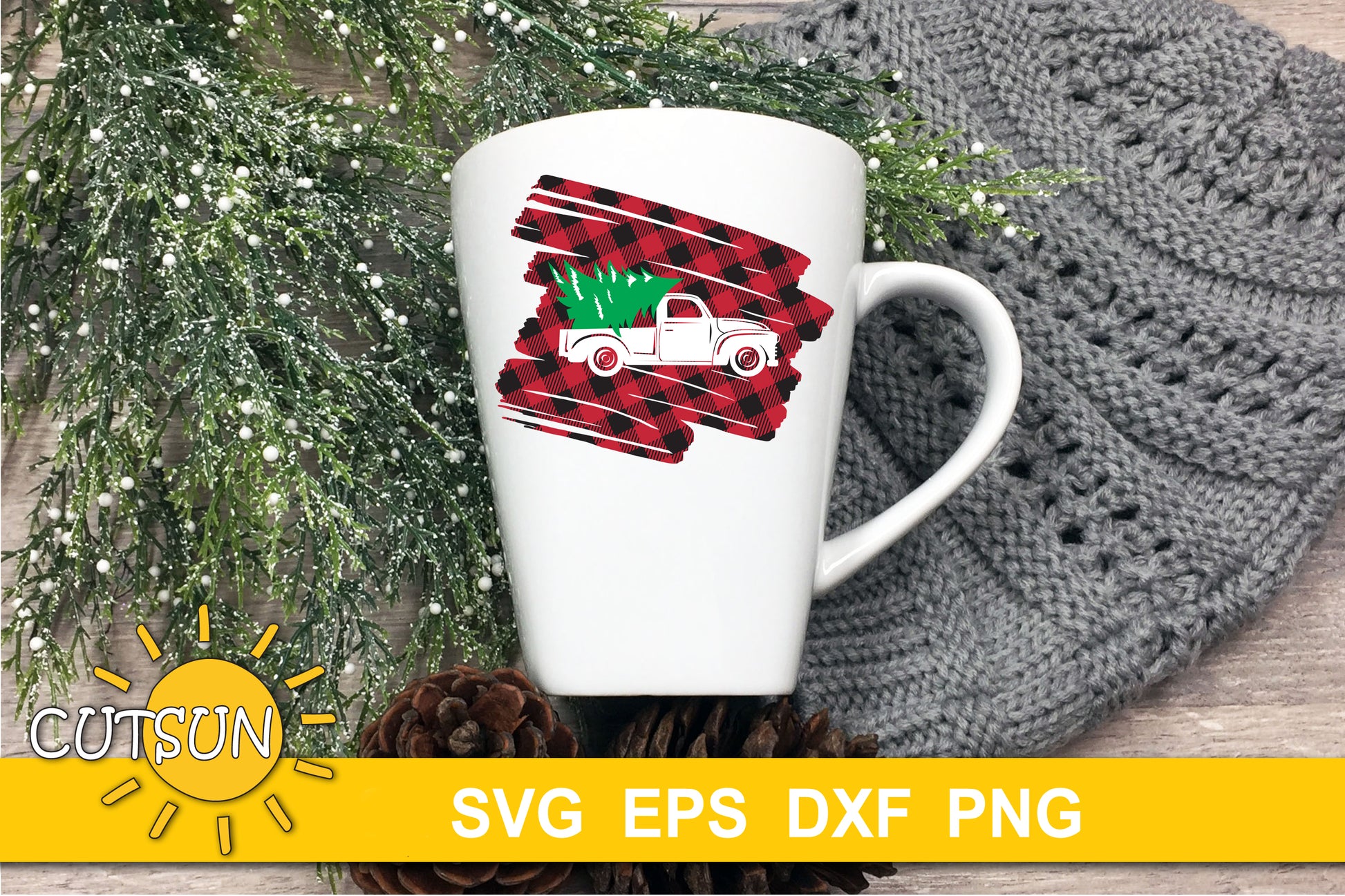 Christmas Truck on a Buffalo Plaid background SVG