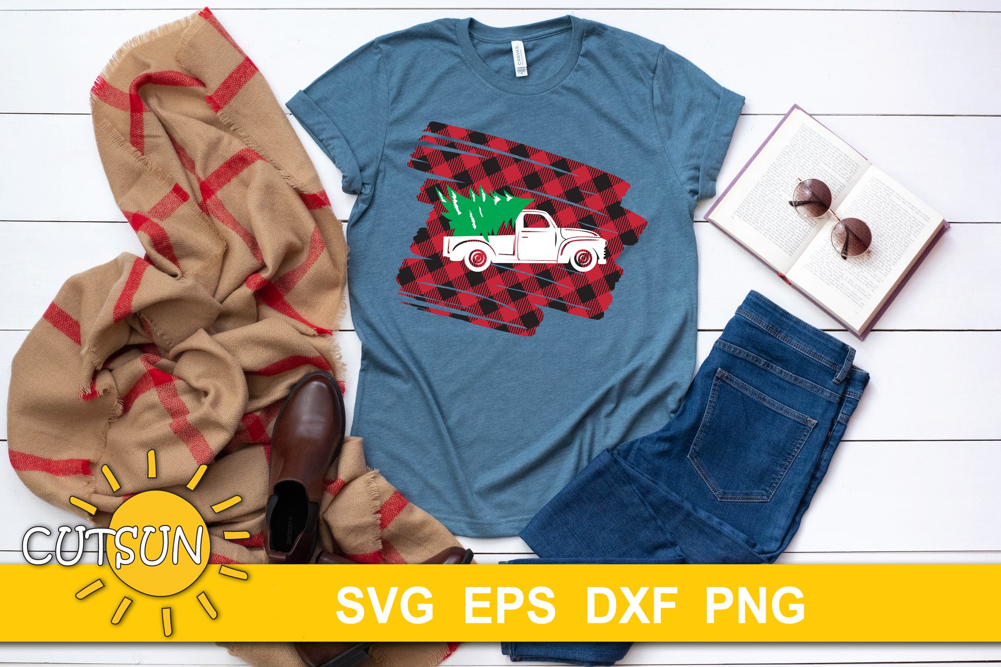 Christmas Truck on a Buffalo Plaid background SVG