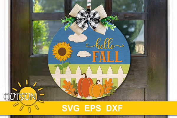 Hello Fall Round sign SVG | Hello Fall Door hanger SVG Laser cut file
