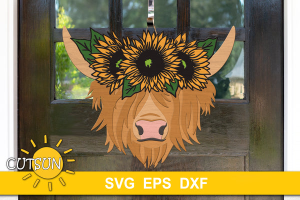Highland cow with sunflowers door hanger SVG