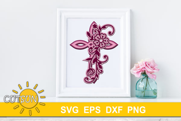 3D Layered Floral Cross SVG