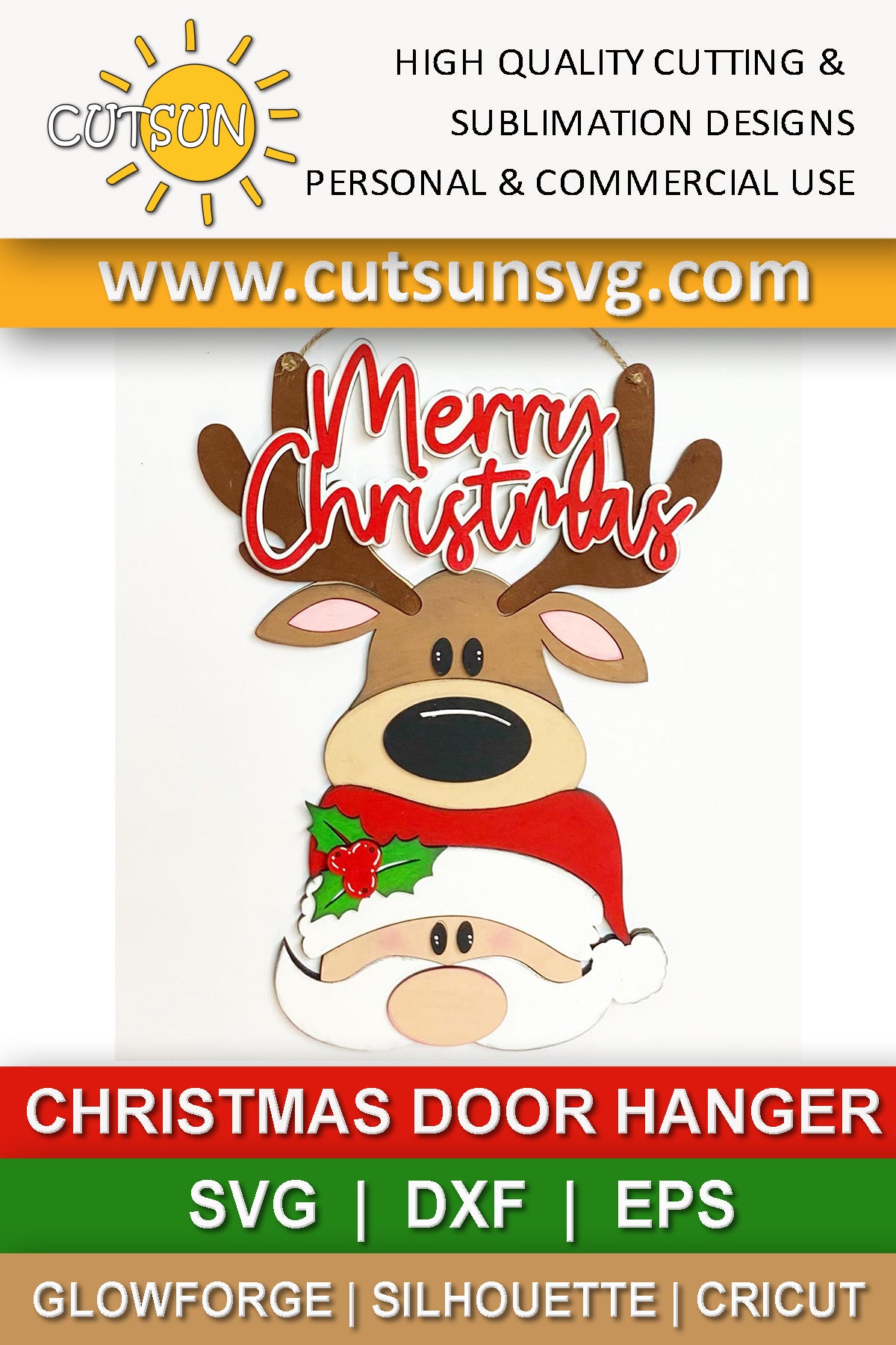 Santa Deer Merry Christmas door hanger SVG