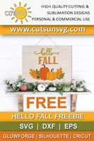 Hello Fall sign with pumpkins, leaves and acorns - FREE SVG