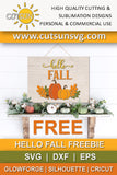 Hello Fall sign with pumpkins, leaves and acorns - FREE SVG