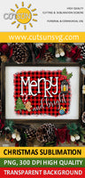 Merry And Bright Christmas sublimation design on a Buffalo plaid background
