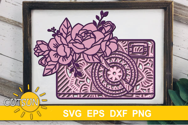 3D layered Floral Retro camera SVG