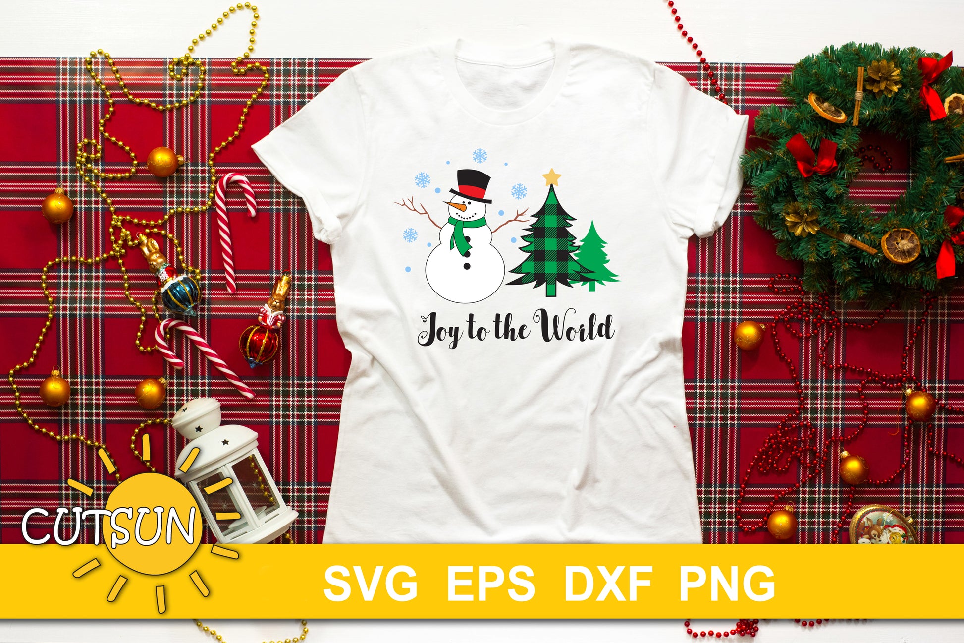 Christmas | Winter scene Snowman, trees and snowflakes Joy to the world