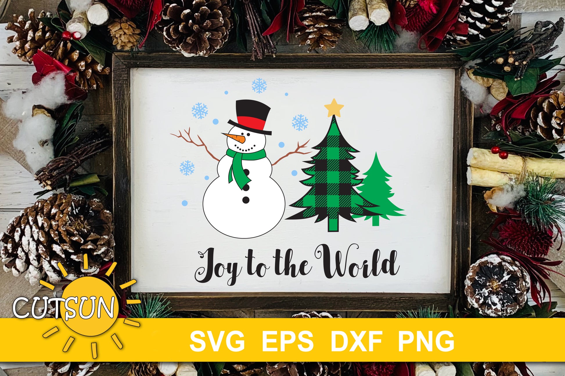 Christmas | Winter scene Snowman, trees and snowflakes Joy to the world