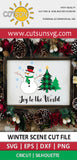 Christmas | Winter scene Snowman, trees and snowflakes Joy to the world