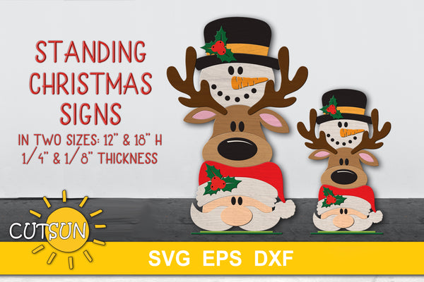 Santa, deer and snowman stacked standing Christmas sign SVG
