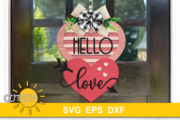 Valentines Day Door Hanger SVG | Hello Love Two Hearts Door hanger SVG