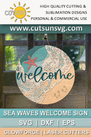 Beach round door hanger | Sea waves welcome sign SVG, summer door hanger svg, beach decor svg, beach door hanger svg